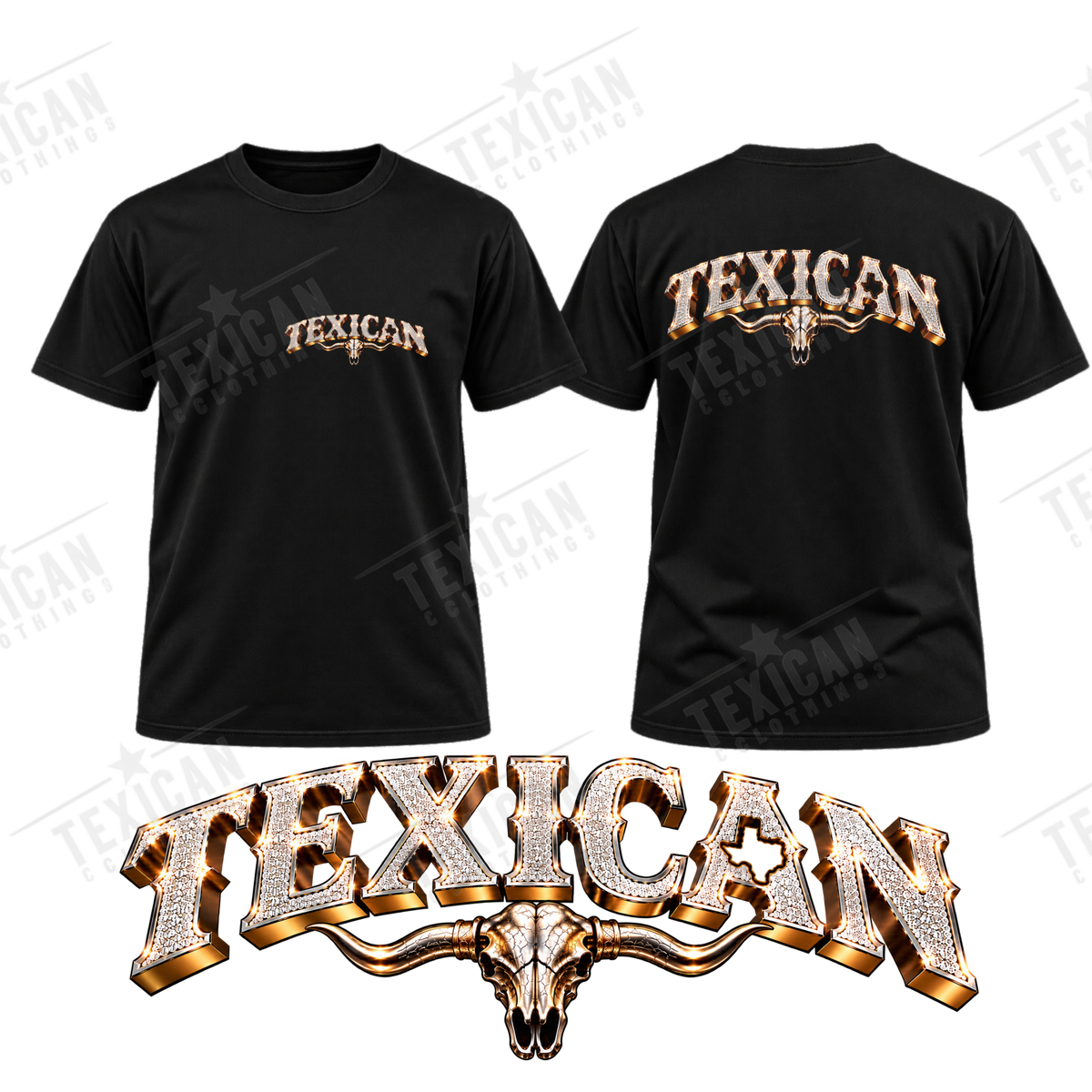 Black Texican Bull Bling Tee showing front and back longhorn graphics