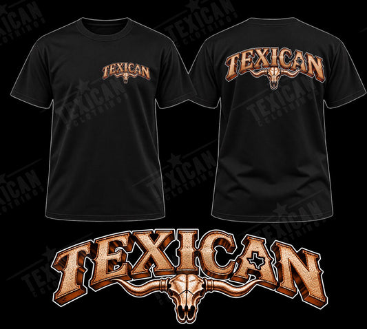 Black Texican Brown Bull Tee showing brown and bronze front and back longhorn graphics