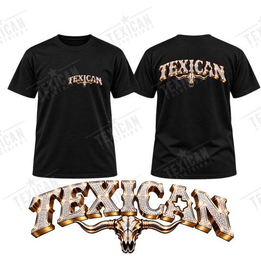 Black Texican Bull Bling Tee showing front and back longhorn graphics