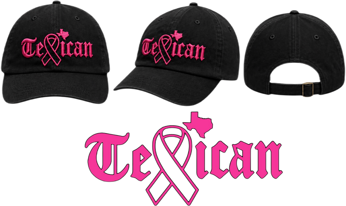 Black Texican dad cap with pink embroidered lettering and cancer-awareness ribbon