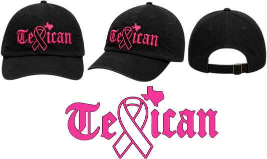 Black Texican dad cap with pink embroidered lettering and cancer-awareness ribbon