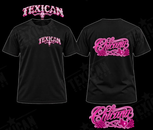 Black Texican Chicana Tee with pink Texican front graphic and Chicana back graphic